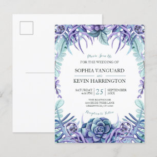 Invitation Carte Postale Elégant Mariage floral Succulent violet Aquarelle