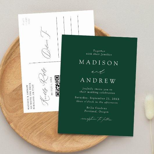 Invitation Carte Postale Élégant Mariage Moderne avec Code QR Vert
