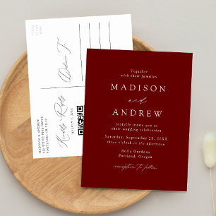 Invitation Carte Postale Élégant Mariage Moderne Code QR Bourgogne