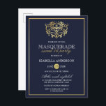 Invitation Carte Postale Elégant Marine Bleu & Or Masquerade Sweet 16 Party<br><div class="desc">Elégant Marine Blue & Gold Masquerade Sweet 16 Party Postcard Invitations. Doté d'un faux masque en feuille d'or au sommet contre un arrière - plan bleu marine. Parfait pour une fête de 16 ans moderne et classe !</div>