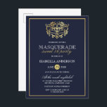 Invitation Carte Postale Elégant Marine Bleu & Or Masquerade Sweet 16 Party<br><div class="desc">Elégant Marine Blue & Gold Masquerade Sweet 16 Party Postcard Invitations. Doté d'un faux masque en feuille d'or au sommet contre un arrière - plan bleu marine. Parfait pour une fête de 16 ans moderne et classe !</div>