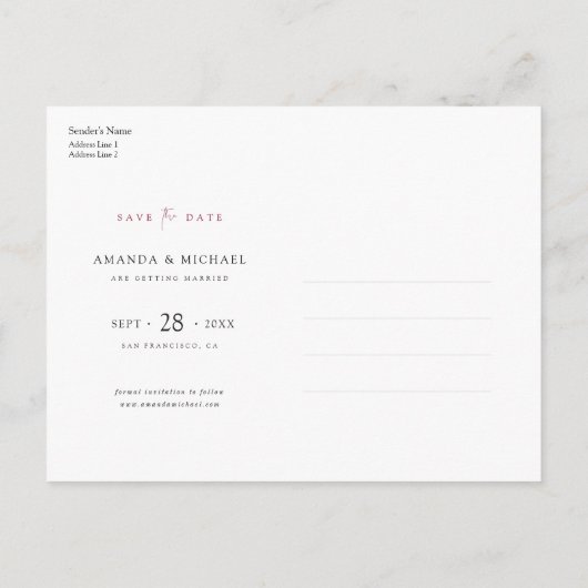 Invitation Carte Postale Élégant Moderne Bourgogne Script Mariage photo (Dos)