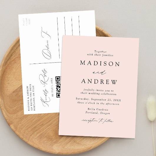 Invitation Carte Postale Élégant Moderne Code QR Mariage Rose Pâle