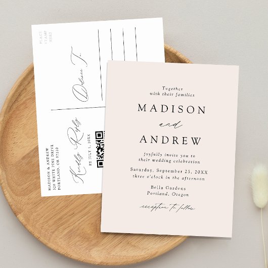 Invitation Carte Postale Élégant Moderne Mariage Code QR Crème
