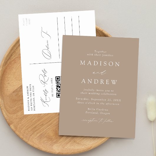 Invitation Carte Postale Élégant Moderne Taupe Code QR Mariage