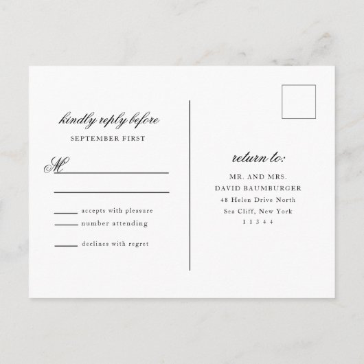 Invitation Carte Postale Élégant Monogram Black Script Mariage Réponse (Dos)