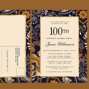 Invitation Carte Postale Elégant Motif bleu et or 100e anniversaire