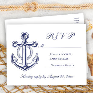 Invitation Carte Postale Elégant Nautique Marine Bleu Ancre Mariage RSVP