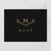 Invitation Carte Postale Elégant Noir & Or Monogramme Wreath Wedding RSVP (Devant)