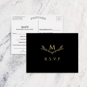 Invitation Carte Postale Elégant Noir & Or Monogramme Wreath Wedding RSVP