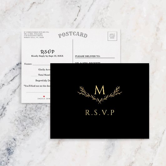 Invitation Carte Postale Elégant Noir & Or Monogramme Wreath Wedding RSVP