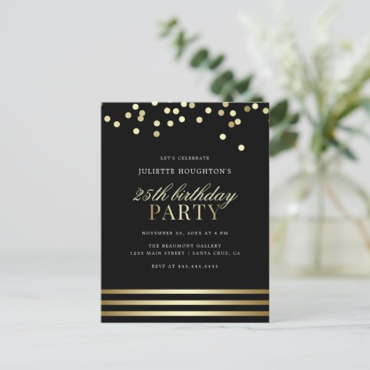 Invitation Carte Postale Elégant Noir tendance Confetti Glossy Anniversaire (Debout devant)