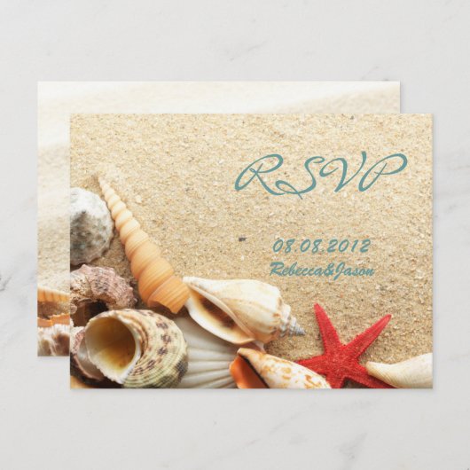 Invitation Carte Postale élégant océan sable coquillages plage mariage rsvp (Devant / Derrière)