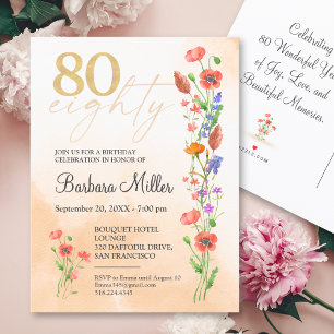 Invitation Carte Postale Elégant or floral 80e anniversaire - 80 ans