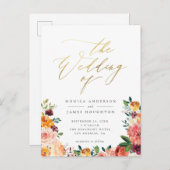 Invitation Carte Postale Elégant or Script Aquarelle Mariage Floral (Devant / Derrière)