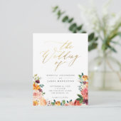 Invitation Carte Postale Elégant or Script Aquarelle Mariage Floral (Debout devant)