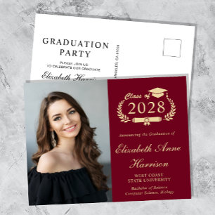 Invitation Carte Postale Elégant Photo Burgundy Graduation Party