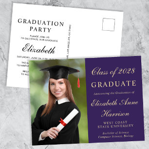 Invitation Carte Postale Élégant Photo College Purple Graduation Party