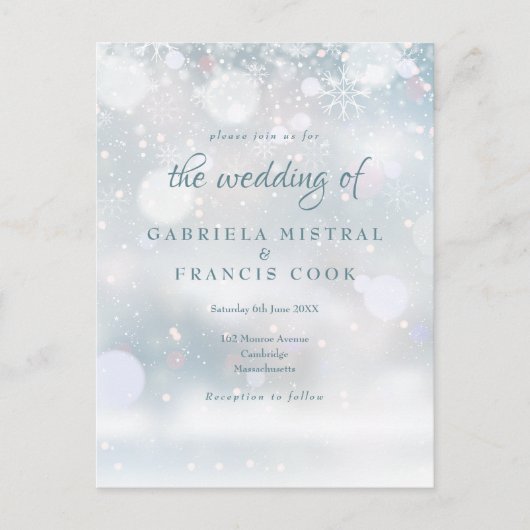 Invitation Carte Postale Elégant premier Snowflakes Mariage d'hiver (Devant)