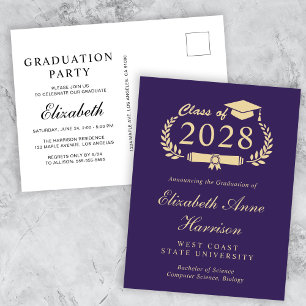 Invitation Carte Postale Élégant Purple Gold College Parti de graduation