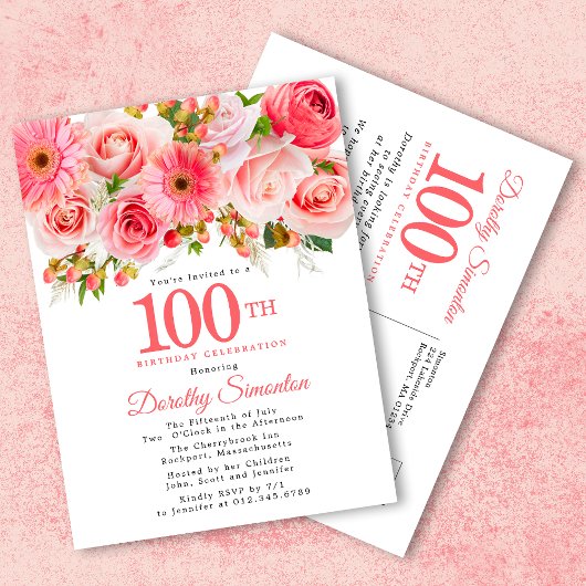 Invitation Carte Postale Elégant rose floral 100e anniversaire