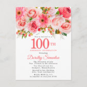 Invitation Carte Postale Elégant rose floral 100e anniversaire (Devant)