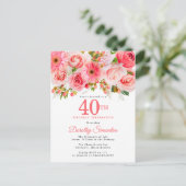 Invitation Carte Postale Élégant rose floral 40e anniversaire (Debout devant)