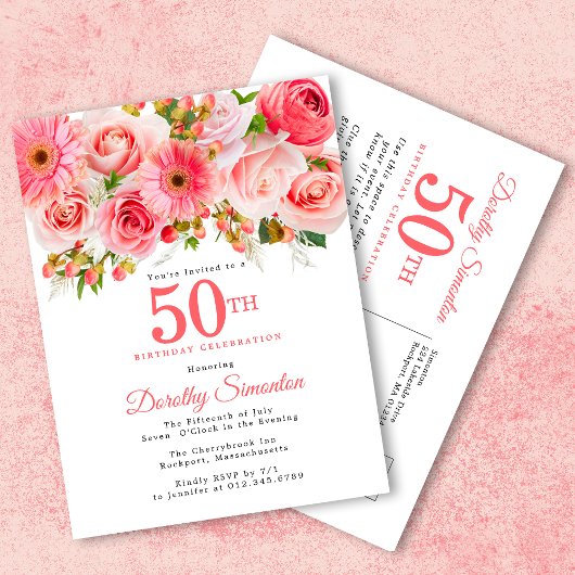 Invitation Carte Postale Élégant rose floral 50e anniversaire