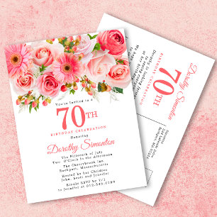 Invitation Carte Postale Élégant rose floral 70e anniversaire