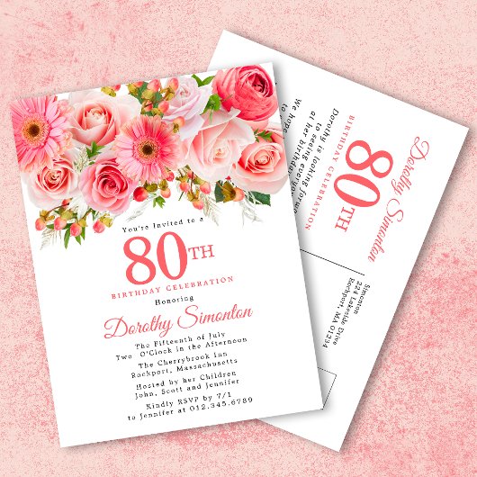 Invitation Carte Postale Elégant rose rose florale 80e anniversaire