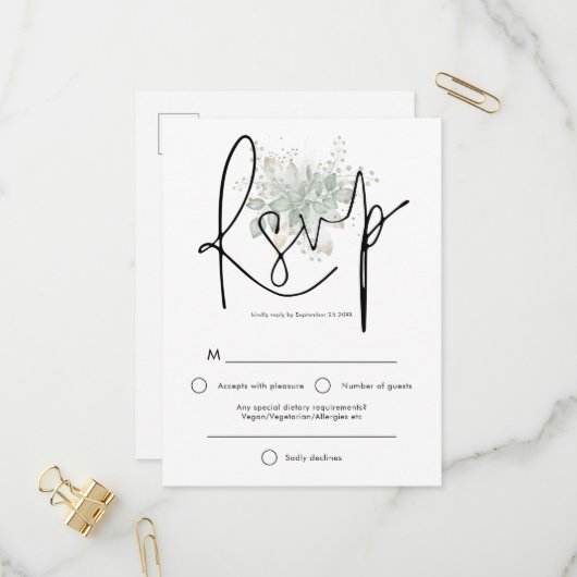 Invitation Carte Postale Élégant Sage Foliage noir Script mariage RSVP (Devant/Arrière en situation)