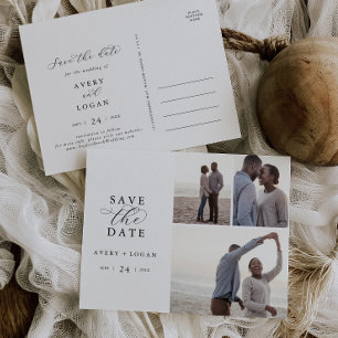 Invitation Carte Postale Élégant Script 3 Photo Collage Enregistrer la date