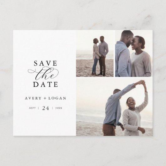 Invitation Carte Postale Élégant Script 3 Photo Collage Enregistrer la date (Devant)