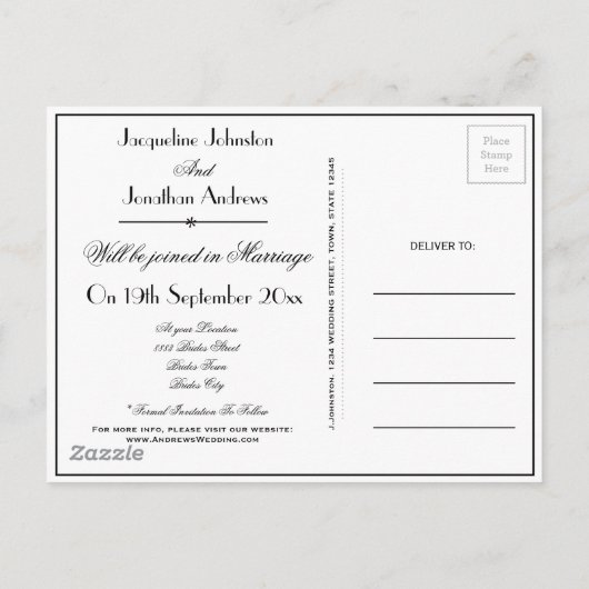 Invitation Carte Postale Élégant Script B & W Mariage Enregistrer La Date (Dos)