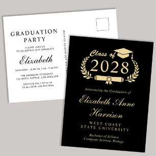 Invitation Carte Postale Élégant Script Black Gold College Graduation Party