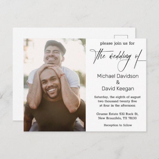 Invitation Carte Postale élégant script classique gay mariage photo (Devant / Derrière)
