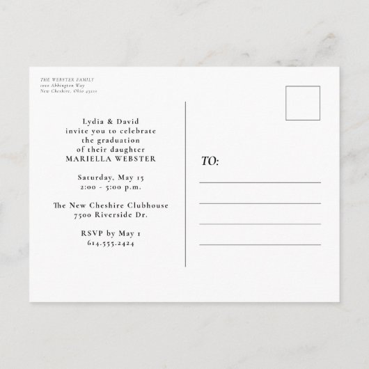 Invitation Carte Postale Élégant script diplômé graduation verticale (Dos)
