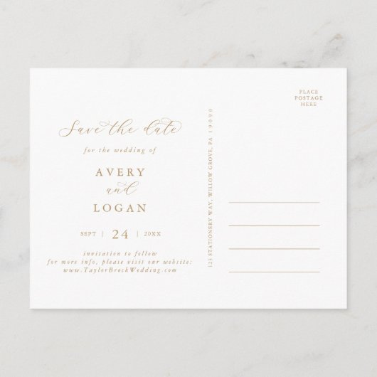 Invitation Carte Postale Élégant script or horizontal Enregistrer la date (Dos)