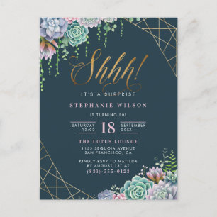 Invitation Carte Postale Élégant Script Succulents Surprise fête d'annivers