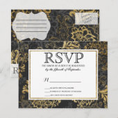 Invitation Carte Postale Elégant Swanky Faux Gold, Black & Grey Floral (Devant / Derrière)