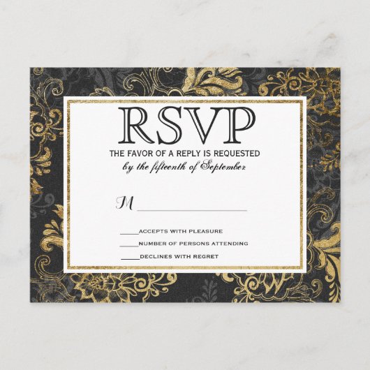 Invitation Carte Postale Elégant Swanky Faux Gold, Black & Grey Floral (Devant)