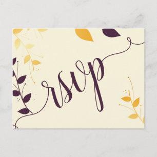 Invitation Carte Postale Élégant violet Feuilles d'or RSVP après l'invitati
