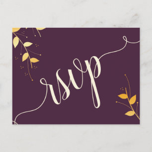 Invitation Carte Postale Élégant violet Feuilles d'or RSVP après l'invitati