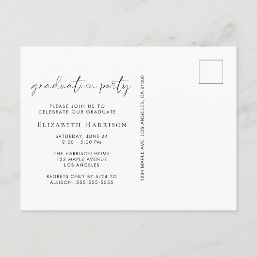 Invitation Carte Postale Élégant White Script Photo Graduation Party (Dos)