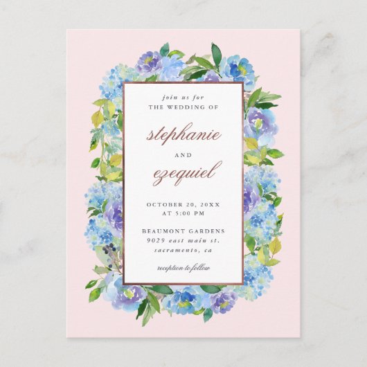Invitation Carte Postale Elégante aquarelle bleu Hydrangeas Mariage floral (Devant)