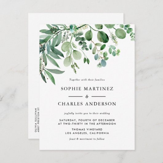 Invitation Carte Postale Elégante aquarelle Eucalyptus Mariage vert (Devant / Derrière)