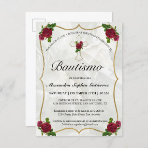 Invitation Carte Postale Elegante Bautismo de Bebé de Oro Rosa Rojo