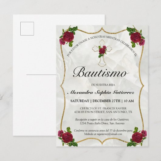 Invitation Carte Postale Elegante Bautismo de Bebé de Oro Rosa Rojo (Devant / Derrière)