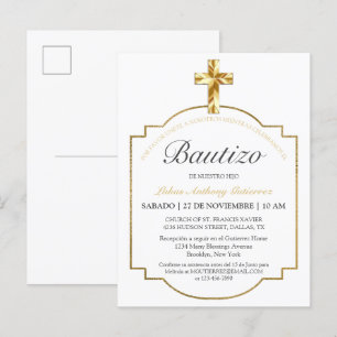 Invitation Carte Postale Elegante Bautismo de Niños Con Cruz Dorada