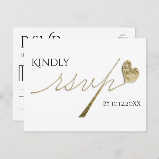 Invitation Carte Postale Élégante calligraphie or avec RSVP coeur (Devant / Derrière)